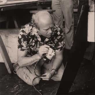James Rosenquist airbrushing onto a plate for his print Dog Descending a Staircase.