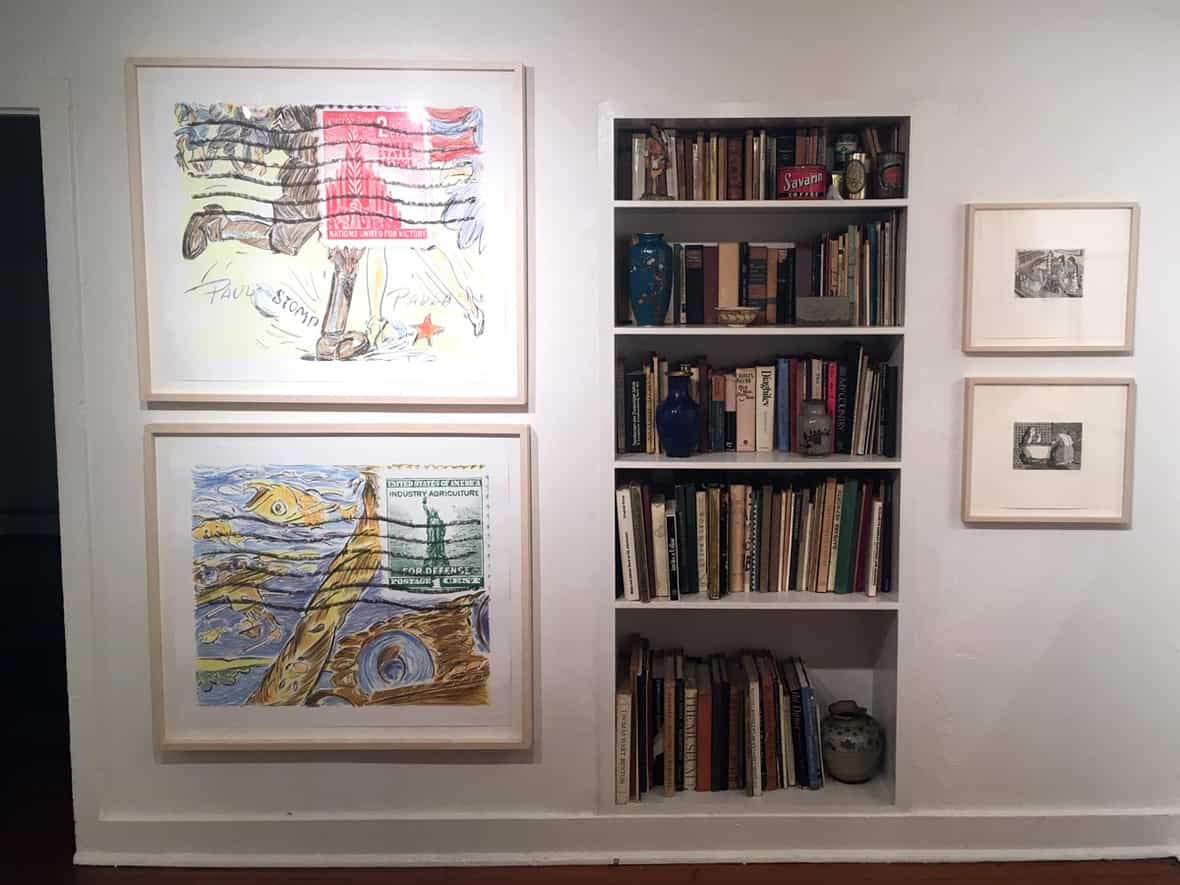 Gallery view of framed works by artists Amy O'Neill and Amy Cutler.