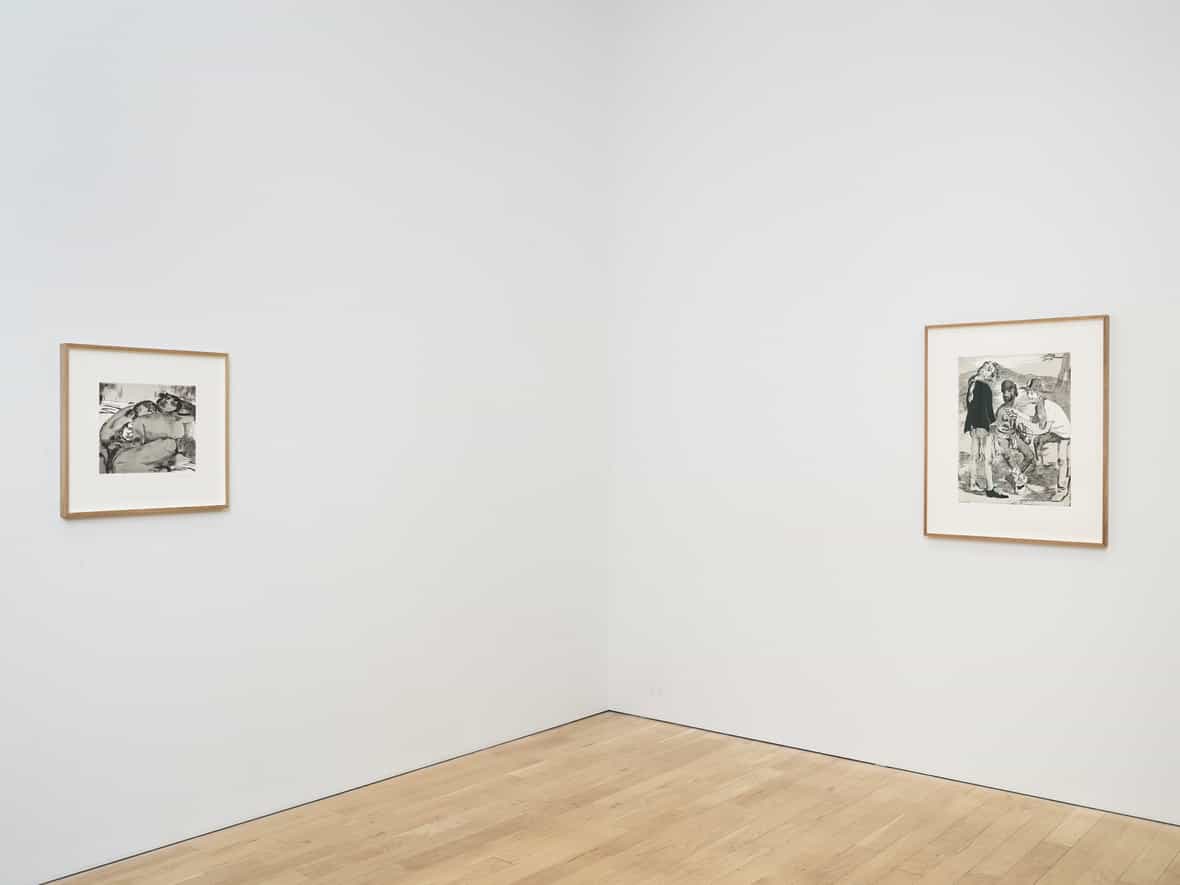 Installation of Salman Toor's prints The Cuddlers and The Barter. Image courtesy of Luhring Augustine Gallery.