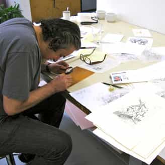 Enrique Chagoya working in the studio on Recurrent Goya.