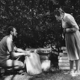 Printer Zigmunds Priede looking at litho stones with Tatyana Grosman. Photograph by Hans Namuth.