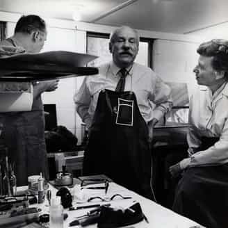 Barnett Newman with Tatyana Grosman and printer Donn Steward working on Untitled Etching #1.  The etching studio was downstairs from Maurice Grosman's studio (he was an artist in his own right), an edition that was built onto the house in 1967.