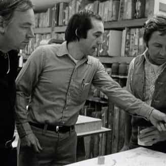 Russian poet Andrei Voznesensky, printer Bill Goldston, and artist Robert Rauschenberg.  Tatyana Grosman invited Voznesensky to the studio in West Islip in 1977 for a collaboration with Rauschenberg, when the two met they began to work immediately.