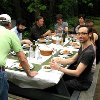 Lunch outside at ULAE with Bill Goldston, Kyle Gruber, Bruce Wankel, Brian Berry, Steven Fournier, Jason Miller, Marie Allen, Jill Czarnowski, and Mark Fox.