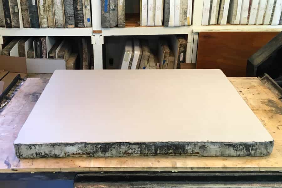 One of the largest lithographic stones in ULAE's inventory, measuring over 46 x 34 inches.