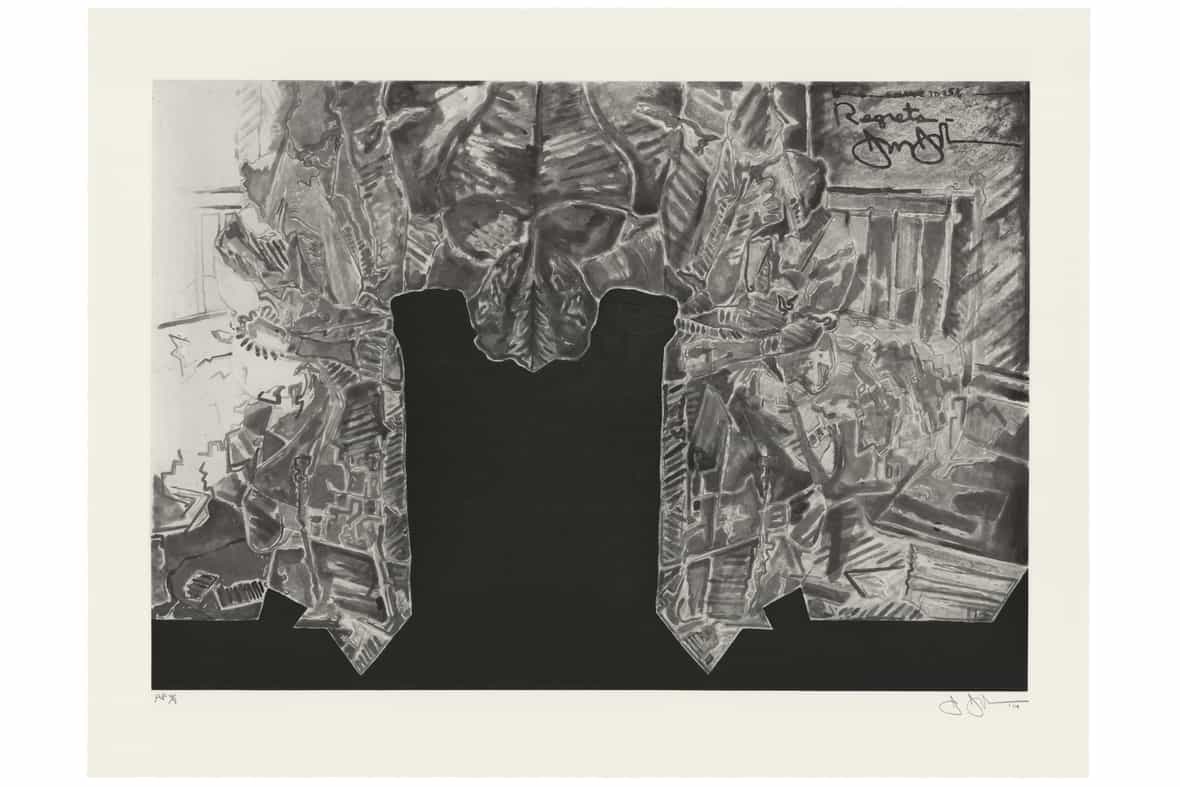 Jasper Johns "Regrets," 2014 intaglio with chine-collé in an edition of 35.