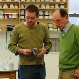 James Siena and Bill Goldston watching the proofing process for Tanagra.