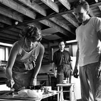 Helen Frankenthaler working on Sky Frame and Solarium, with printers Donn Steward and Zigmunds Priede. The edition of Lee Bontecou's  Sixth Stone I  hangs in the background. 