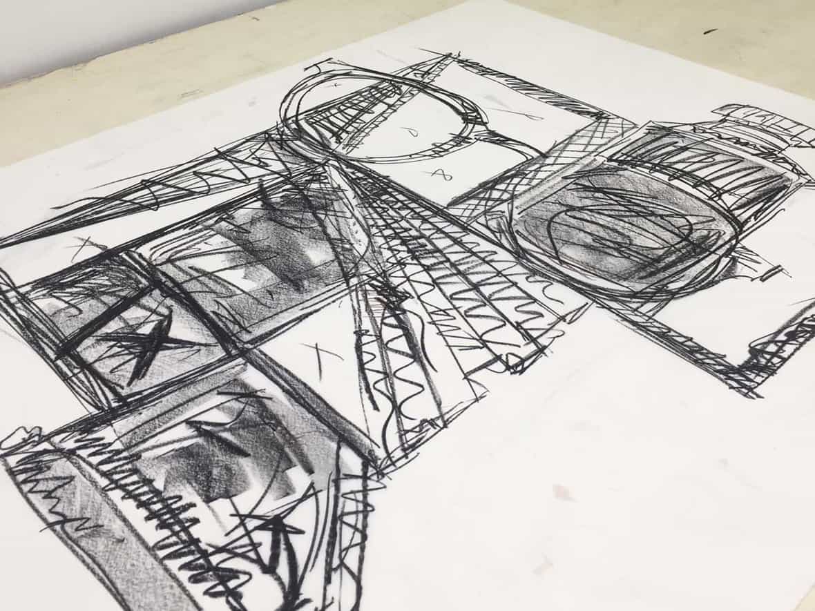 Drawing by Wyatt Kahn on mylar for a lithography plate.